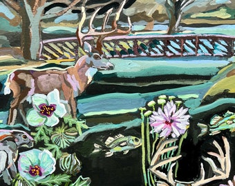 Original Gouache Painting of Deer, Rabbit and Nature Animals on Paper, Texas Hill Country Painting for Art Loves, Austin Art