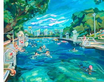 Austin Art Print - Barton Springs Pool at Zilker Park | Archival print of original painting of emerald green spring in Austin Texas | Gift