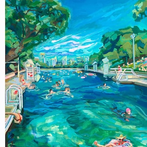 Austin Art Print - Barton Springs Pool at Zilker Park | Archival print of original painting of emerald green spring in Austin Texas | Gift