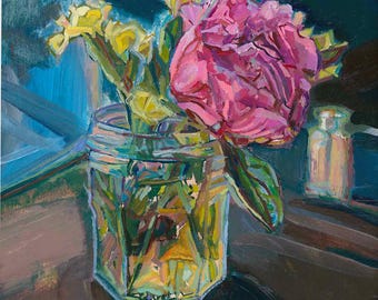 Pink Peonies Art Print: Austin Local Oil Painting of Flowers in Vase Still Life