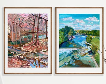 Large River Art Print Bundle | 2 signed prints of original paintings of Comal & Guadalupe Rivers | Texas River Art Set of 2 | Austin Art