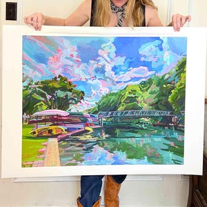 Texas Hill Country Print: Vintage Comal River Canoe Art of Original Painting, Signed Giclee Print of Texas River