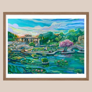 May include: A painting of a Japanese garden with a pond, a bridge, and a pagoda. The pond is filled with lily pads and the water is a vibrant blue-green. The sky is a light blue with white clouds. The trees are green and lush. The pagoda is a light brown color and has a red roof.