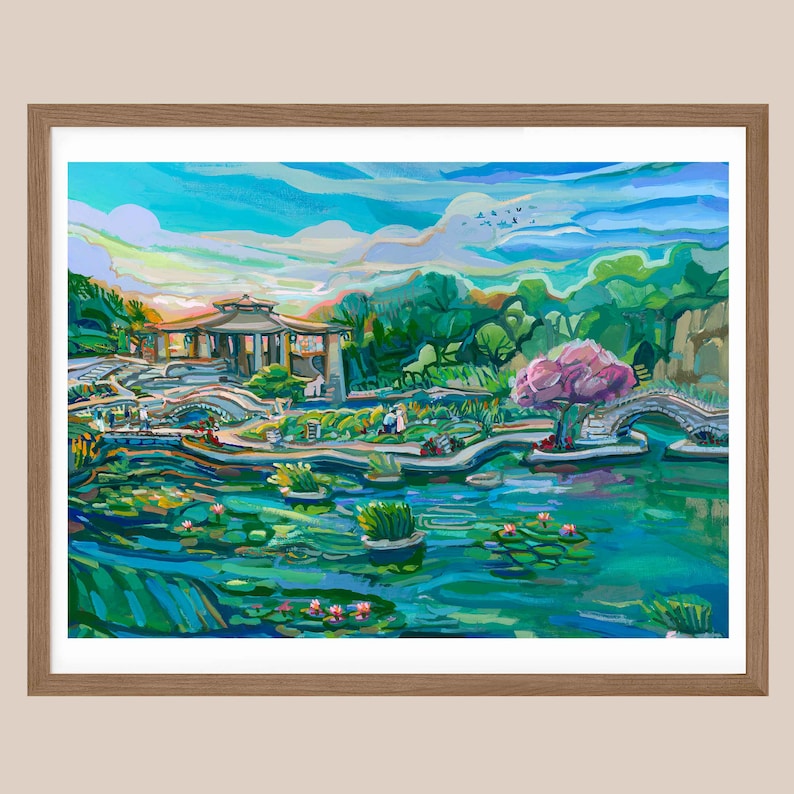 May include: A painting of a Japanese garden with a pond, a bridge, and a pagoda. The pond is filled with lily pads and the water is a vibrant blue-green. The sky is a light blue with white clouds. The trees are green and lush. The pagoda is a light brown color and has a red roof.