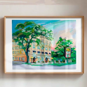 May include: A watercolor painting of a building with a large tree in front of it. The building is a light yellow color with dark green awnings. The tree has lush green leaves. The sky is a light blue with pink and purple clouds. There is a sign on the right side of the painting that says "Food Town".