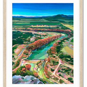 May include: A painting of a landscape with a river winding through a valley. The river is a bright turquoise color and the valley is covered in green and brown trees. The sky is a bright blue with white clouds.