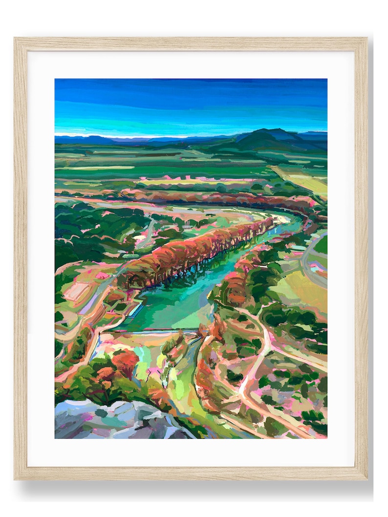 May include: A painting of a landscape with a river winding through a valley. The river is a bright turquoise color and the valley is covered in green and brown trees. The sky is a bright blue with white clouds.