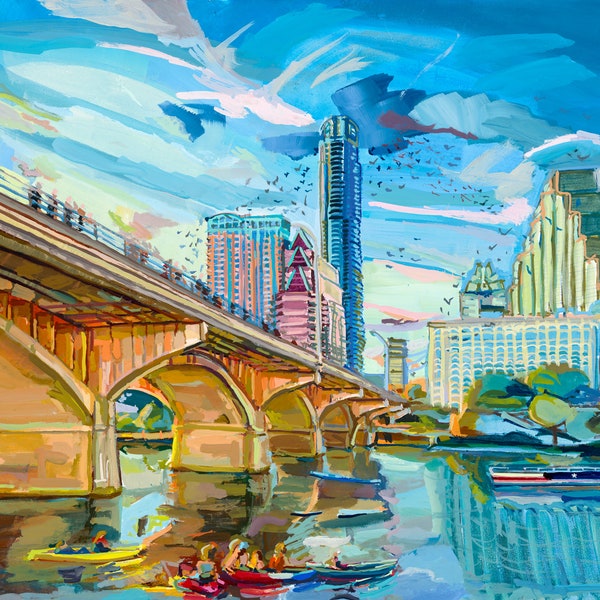 Austin Art Print - Bats at Lady Bird Lake | Archival print of original painting of Austin Skyline at Congress Bridge, ATX Texas Art Gift