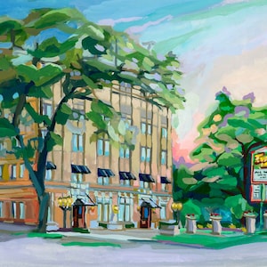 May include: A painting of a building with a large tree in front of it. The building is a light yellow color with dark green awnings. The tree has green leaves and a brown trunk. There is a sign in front of the building that says "The Grill".