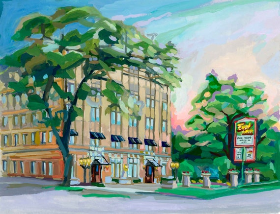 New Braunfels art of Faust Hotel painting, gouache print signed, Texas Travel Art