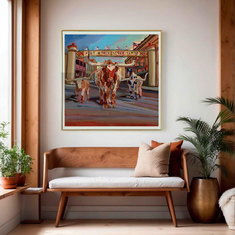 Texas Longhorns Fort Worth Stockyard Art Print, Western Artwork image 3