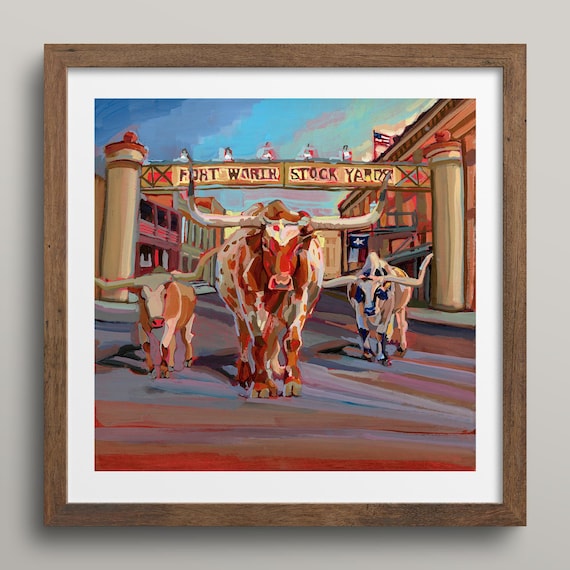 Texas Longhorns Fort Worth Stockyard Art Print, Western Artwork
