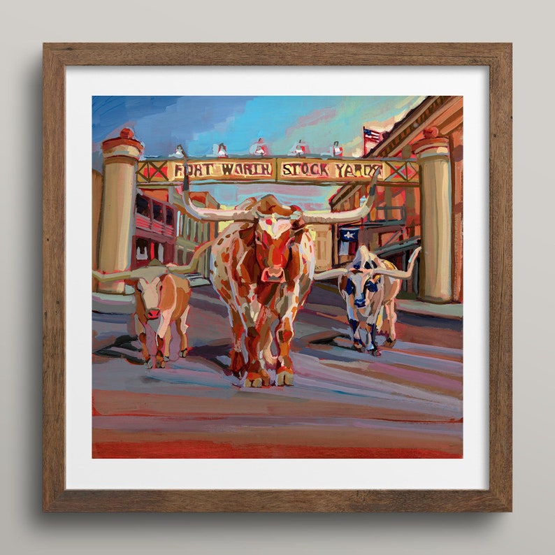 May include: A painting of three longhorn cattle walking down a street in front of a sign that reads 'Fort Worth Stock Yards'. The cattle are brown and white with large horns. The street is painted in shades of red, orange, yellow, and blue. The sign is painted in red, white, and blue. The sky is painted in shades of blue and yellow.