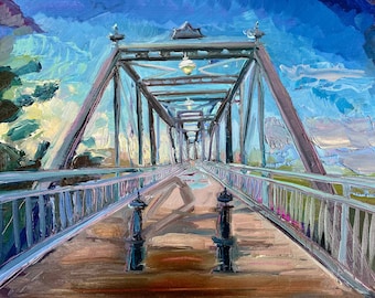 Faust Bridge Painting, Hand signed art print of historic New Braunfels, Texas Bridge