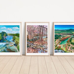May include: Three framed landscape paintings of a river scene. The first painting shows a river with trees and a blue sky with clouds. The second painting shows a river with trees and a pink sky with clouds. The third painting shows a river with trees and a blue sky with mountains in the distance.