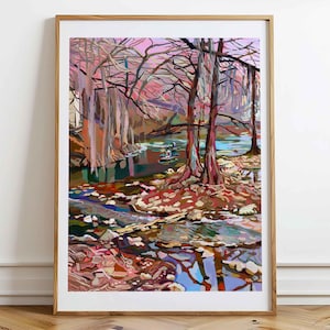 Texas River Painting, Austin Texas Art, Texas Hill Country Travel Poster of Guadalupe River, Vintage Midcentury Modern Landscape, Art Print