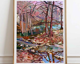 Guadalupe River Art Print of Texas Hill Country Landscape Painting, Gruene Texas