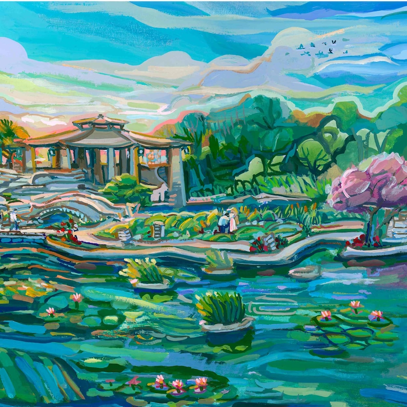 May include: A painting of a Japanese garden with a pond, a bridge, a gazebo, and a pink flowering tree. The pond is filled with lily pads and water lilies. The gazebo is made of wood and has a thatched roof. The bridge is made of stone and has a curved arch. The pink flowering tree is in the background and has a lush canopy.