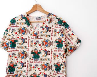 90er Jahre Vintage Herbst Print Scrub Top