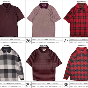 May include: A collection of six polo shirts featuring various patterns and colors, including solid maroon, heathered mauve, red and black plaid, gray and black buffalo check, maroon and black stripes, and a red and black argyle print, each with specific measurements.
