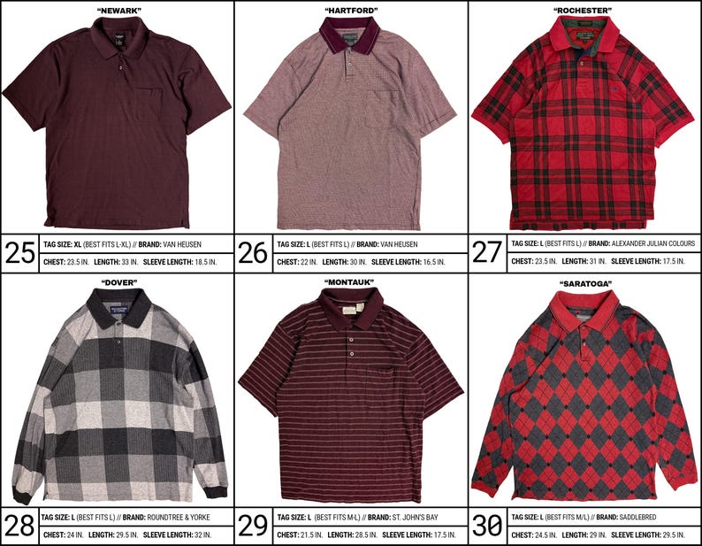 May include: A collection of six polo shirts featuring various patterns and colors, including solid maroon, heathered mauve, red and black plaid, gray and black buffalo check, maroon and black stripes, and a red and black argyle print, each with specific measurements.