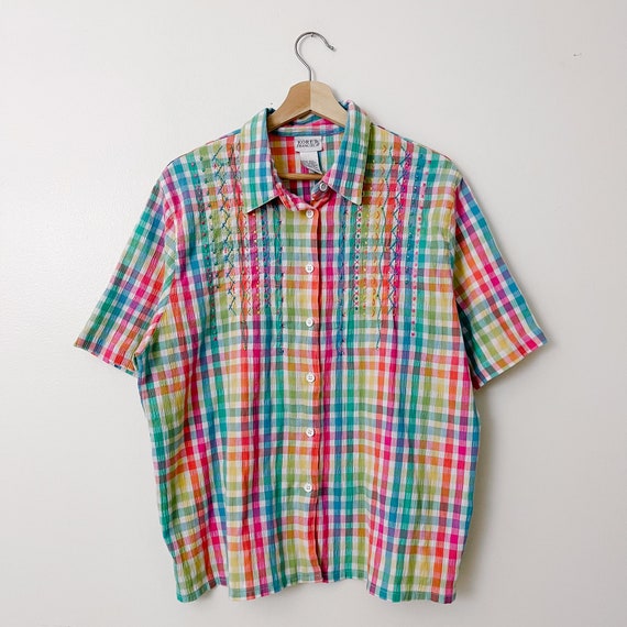 90s Vintage Rainbow Plaid Button Down Shirt - image 2