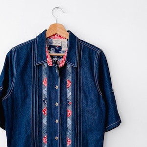 Camicia in denim con bottoni e bandana trapuntata vintage anni &#39;90 / Koret City Blues