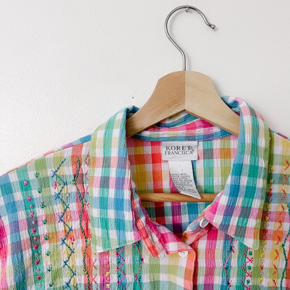 90s Vintage Rainbow Plaid Button Down Shirt - image 3
