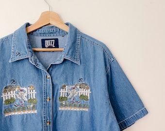 Chemise en jean à broderies jardin vintage des années 90