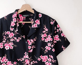 90s Vintage Cherry Blossom Floral Button Down Shirt | Spring Tops | Vintage Blouse