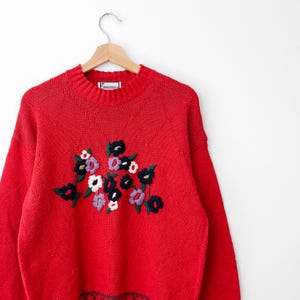 90s Vintage Red Floral Knit Sweater