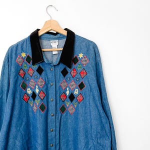 Camicia abbottonata con ricamo scozzese natalizio vintage anni &#39;90