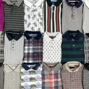 May include: A collection of eighteen short-sleeved polo shirts arranged in a grid, featuring various patterns including stripes, plaids, geometric prints, and solid colors with contrasting collars and button-down plackets in diverse fabric textures.