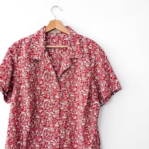 90s Vintage Red Autumn Floral Print Blouse Top