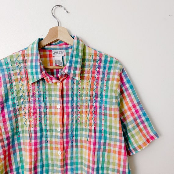 90s Vintage Rainbow Plaid Button Down Shirt - image 1