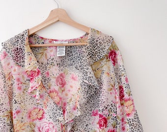 Vintage Sheer Floral Cheetah Blouse Top