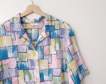 90s Vintage Pastel Abstract Print Button Down Shirt