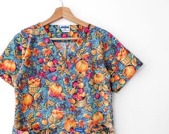 90er Jahre Vintage Herbst Print Scrub Top