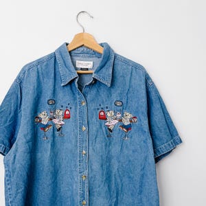 90s Vintage Soda Shop Bears Embroidery Denim Shirt