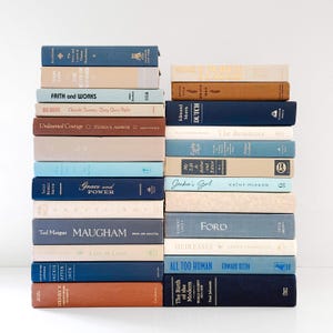 May include: Two vertical stacks of hardcover books featuring a color palette of navy blue, light blue, beige, and brown. The spines display various titles including Faith and Works, Grace and Power, Maugham, Dutch, The Residence, and Ford in gold or black text.