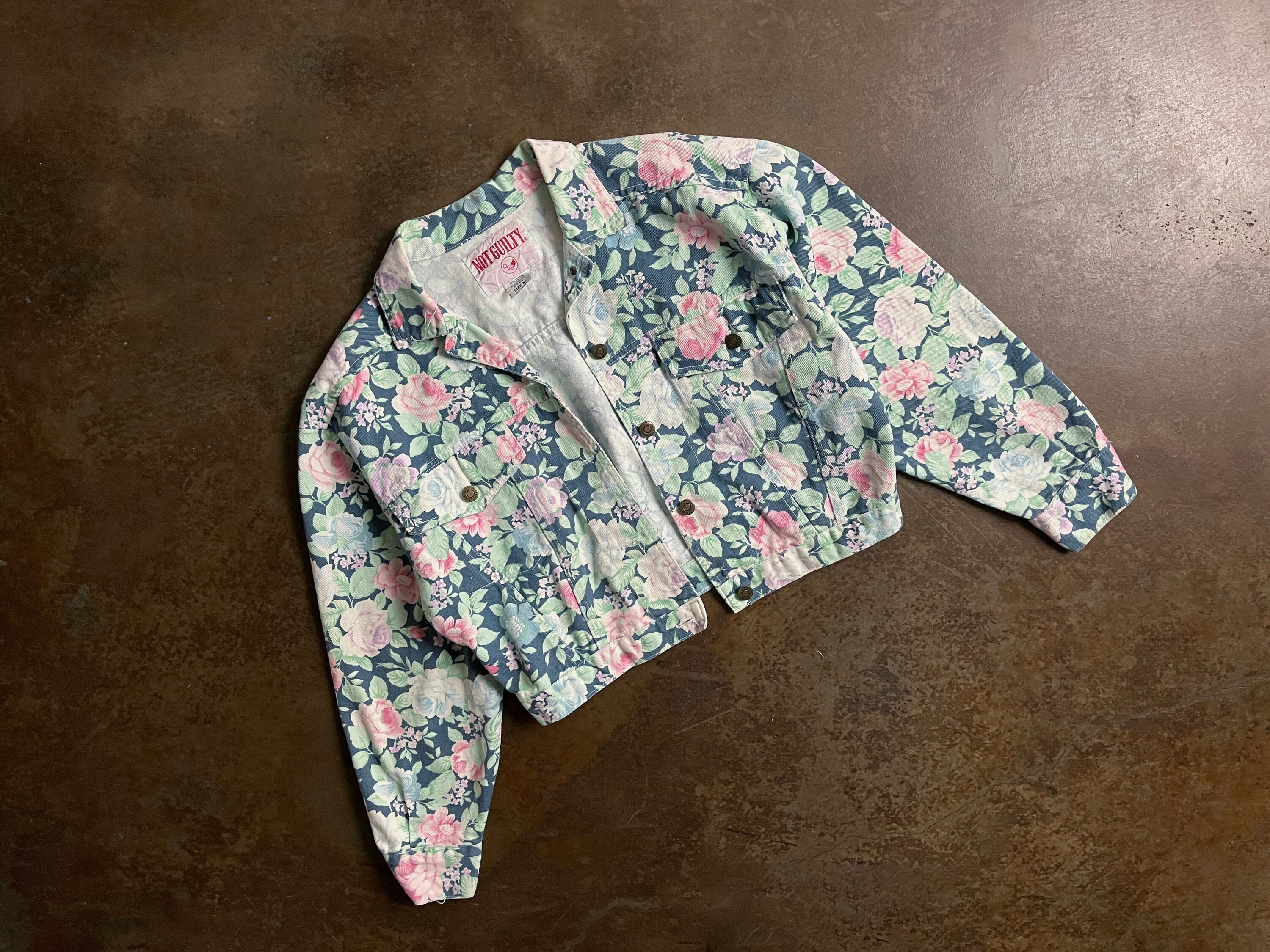80s Vintage Spring Floral Cropped Denim Jacket - Etsy