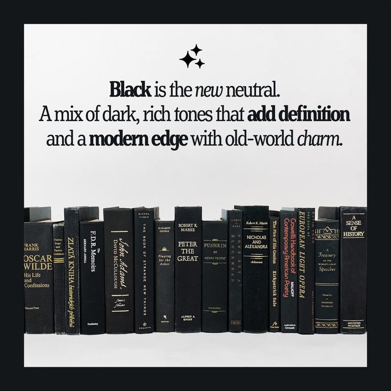 May include: A collection of black books with gold lettering on a white background. The text at the top reads "Black is the new neutral." The books are arranged in a row, showcasing a modern aesthetic.