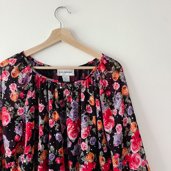 80s Vintage Sparkle Floral Blouse Top - image 1