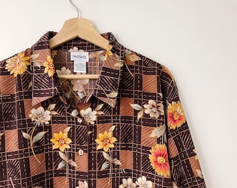 90s Vintage Brown Floral Blouse Top