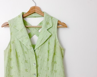 Vintage Green Floral Linen Dress