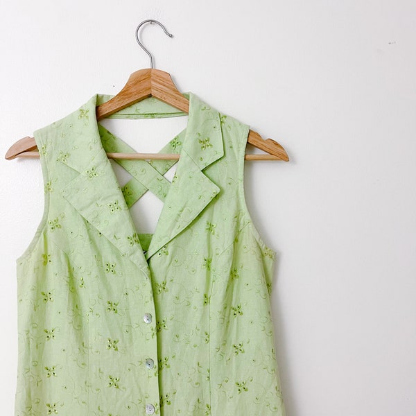 Vintage Green Floral Linen Dress