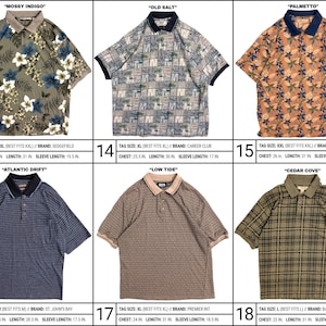 May include: A collection of six short-sleeve polo shirts featuring various patterns including floral, geometric, and plaid designs in colors like olive, navy, orange, and tan. Each shirt is labeled with a name, brand, and specific measurements in inches.