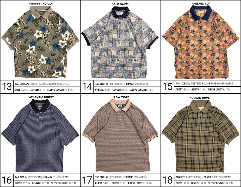 May include: A collection of six short-sleeve polo shirts featuring various patterns including floral, geometric, and plaid designs in colors like olive, navy, orange, and tan. Each shirt is labeled with a name, brand, and specific measurements in inches.