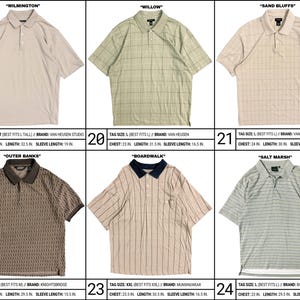 May include: A collection of six short-sleeve polo shirts in various neutral tones and patterns, including solid beige, green grid, tan plaid, brown geometric print, striped tan with a navy collar, and grey horizontal stripes, each labeled with specific measurements.