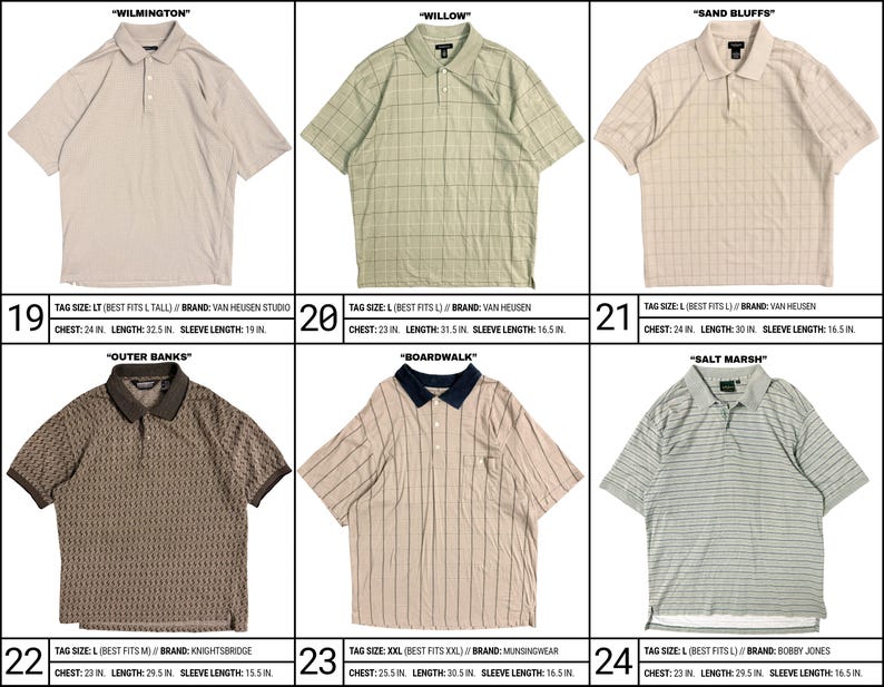 May include: A collection of six short-sleeve polo shirts in various neutral tones and patterns, including solid beige, green grid, tan plaid, brown geometric print, striped tan with a navy collar, and grey horizontal stripes, each labeled with specific measurements.